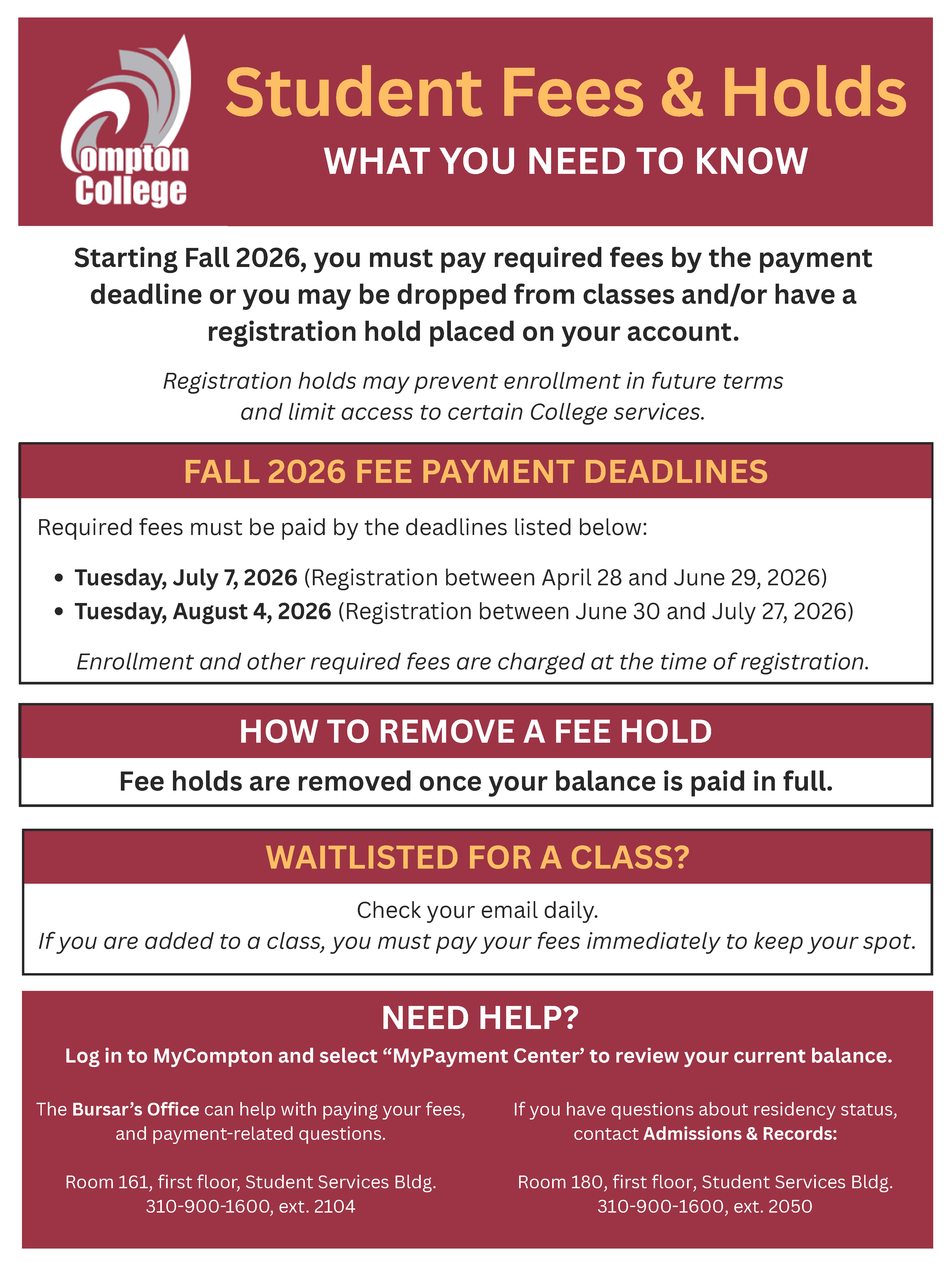 Student Fees & Holds Informational flyer