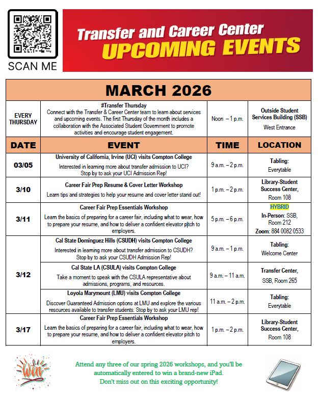 Flyer for Compton College Transfer & Career Center upcoming events for March 2026. Events include Transfer Thursdays, university representative visits, career fair preparation workshops, and the Passport to Your Career Job and Resource Fair on March 25. Includes event dates, times, and campus locations. 