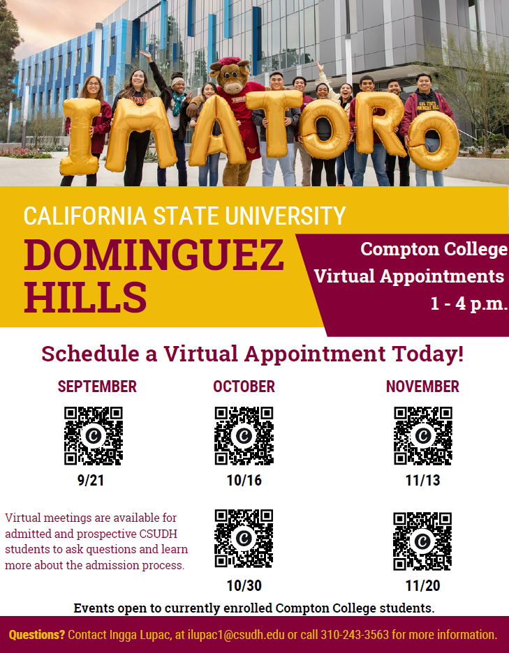 Flyer for Cal State Dominguez Hills virtual admissions appointments for currently enrolled Compton College students. Students can meet individually with a CSUDH representative to ask questions and learn about the admission process. Appointments are available from 1–4 p.m. on select dates in September, October, and November, with QR codes to schedule.
