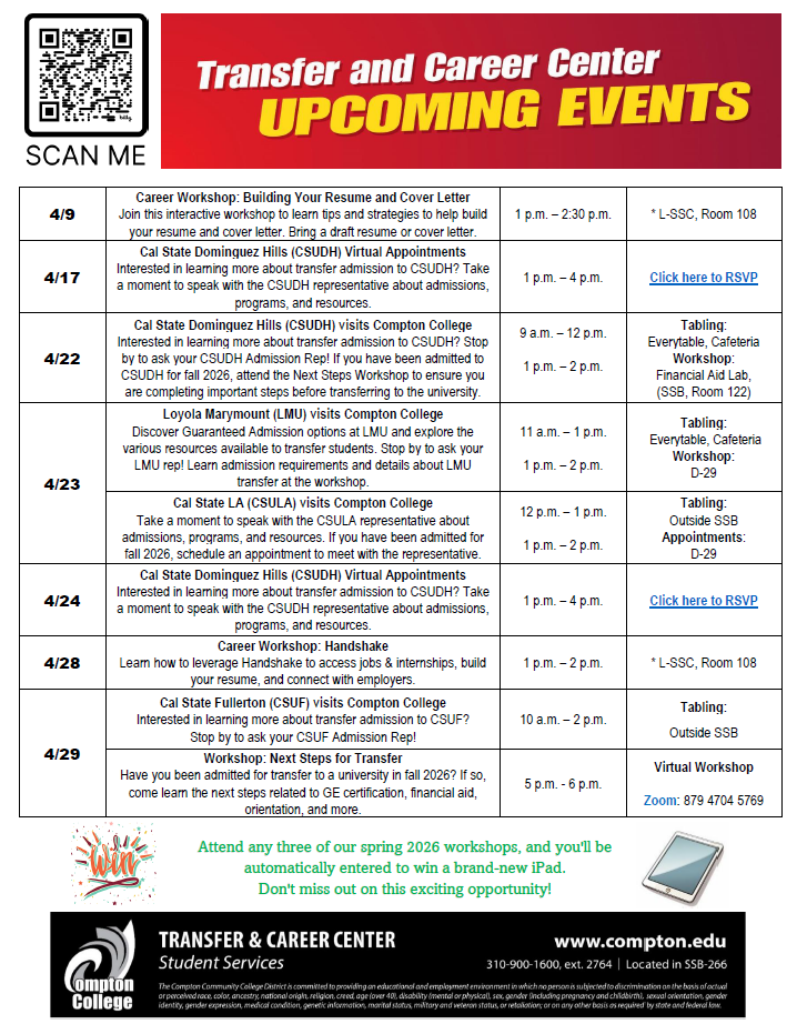 Flyer for Compton College Transfer and Career Center upcoming events for April 2026. Includes Transfer Thursdays, university representative visits, transfer workshops, internship information session, career workshops, and virtual appointments. Lists dates, times, locations, and RSVP options, including both in-person and online events.