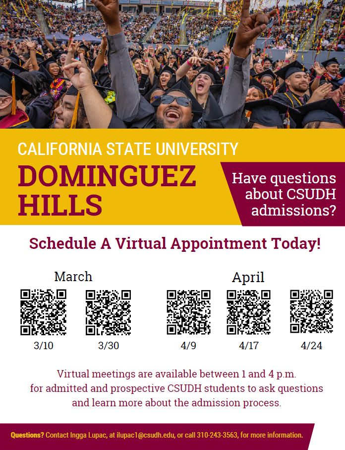 Flyer for California State University, Dominguez Hills virtual appointments for Compton College students to connect with a CSUDH admissions representative. Meetings are available March 10, March 30, April 9, April 17, and April 24 from 1 to 4 p.m. Includes QR codes to schedule and contact information for questions.