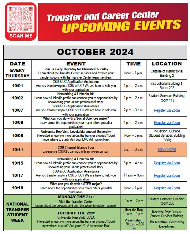 Oct. 2024 Upcoming Events for the Transfer & Career Center Page 1