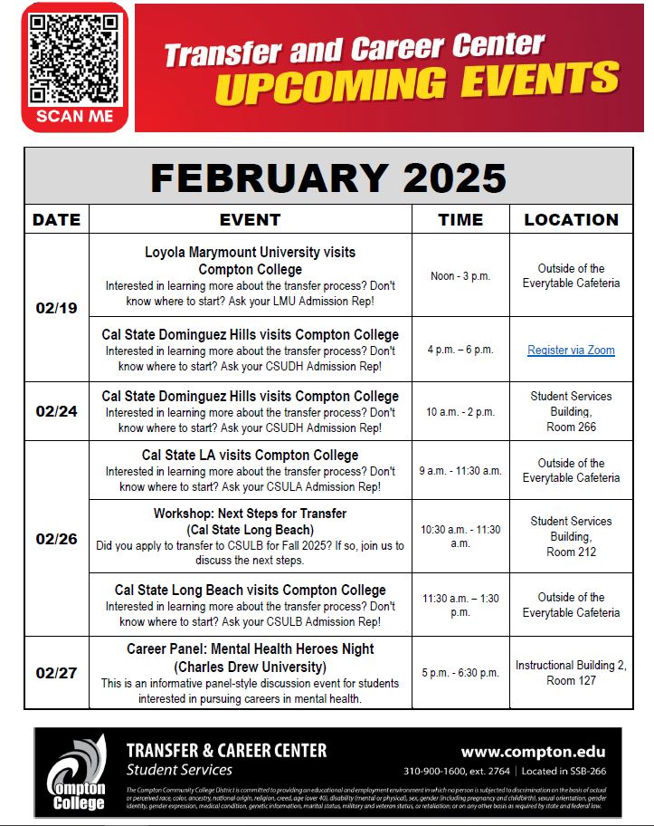 Transfer & Career Center Upcoming Event Calendar for February 2025