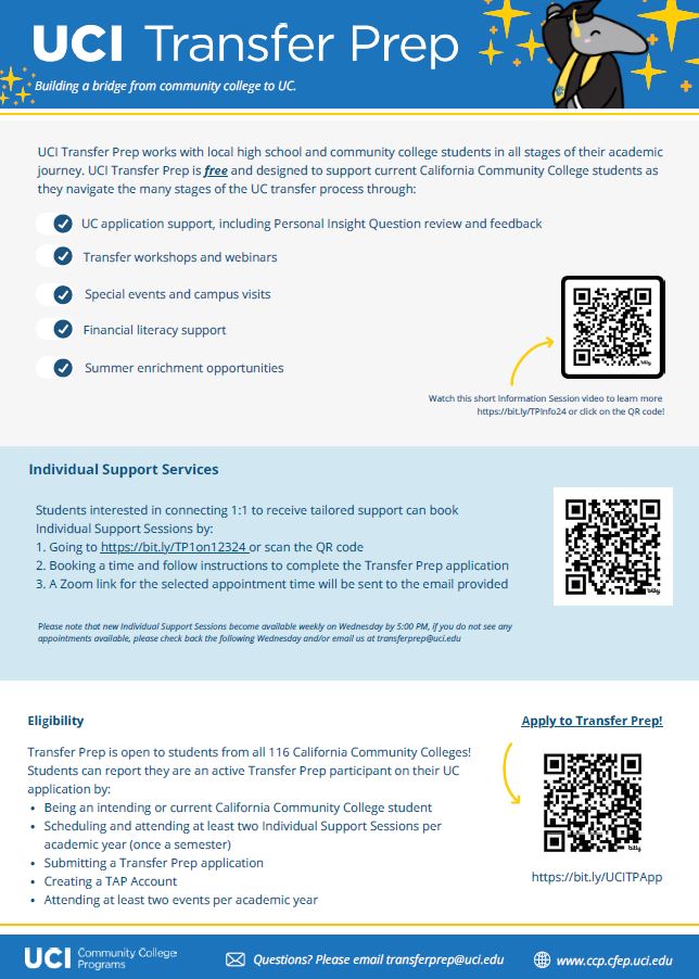 Flyer titled “2025–2026 UCI Transfer Prep: Building a Bridge from Community College to UC.” Presented by the University of California, Irvine (UCI), the flyer promotes a free support program for California Community College students at any stage of the UC transfer process.  It highlights services including UC application and Personal Insight Question support, transfer workshops and webinars, campus visits, financial literacy sessions, and summer enrichment opportunities.